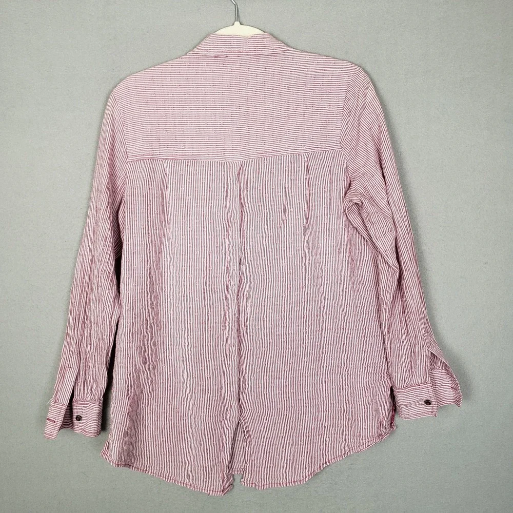 Free People Size XS Crinkle Gauze Button Up Mauve Pink Stripe Cotton Coastal XS